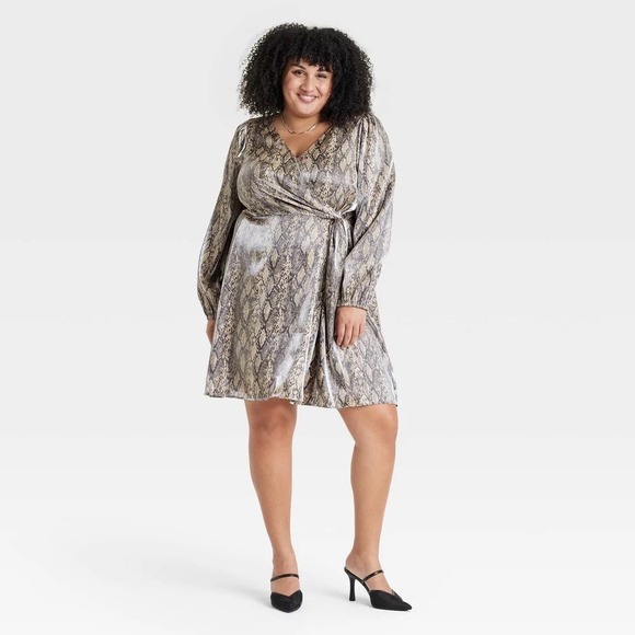 NEW Ava & Viv Plus Size Tan Snakeskin Print Faux Wrap Dress w/ Pockets, Size 3Xn - Picture 1 of 11